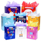 8 Pack Birthday Gift Bags Assorted Sizes (2 Extra Large 15", 3 Large 13",3 Medium 9") With Ribbon Handle And Tissue Paper, Reusable And Perfect For Wrapping Present