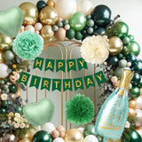 Green Birthday Decorations,Birthdays Decoration For Women,Emerald Green Party Decorations,Sage And Gold Balloons,Happy Birthday Banner Paper Pom Poms For Women Men Neutral Birthdays