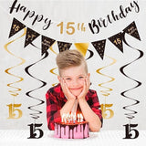 15Th Birthday Decoration Kit For Boys Girls, Happy 15Th Birthday Banner Bunting Swirls Streamers, Triangle Flag Banner For Birthday Party Decorations Supplies Black And Gold 15Th