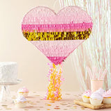 Pull String Pinata - 16 X 13 X 3 In, Pink & Gold Ombre - Heart Shaped Pinata For Girls' Birthday Party Supply & Decoration