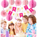 Pink Birthday Decorations, Happy Birthday Banner With Honeycomb Balls, Hanging Swirl Streamers Tassel ,Pink Paper Fans Birthday Party Decorations For Women Girls Happy Birthday Decorations