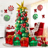 Christmas Tree Balloon Garland Arch Kit with Red Green Gold Balloons, Christmas Gold Starburst, Candy Cane Gift Box Foil Balloons for Winter Xmas Party Decorations