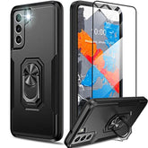 For Samsung Galaxy S21 Fe Case, Heavy Duty Grade Shockproof Case With Kickstand & Tempered Glass Screen Protector, Supports Magnetic Car Mount (Black)