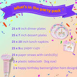 Rainbow Unicorn Party Supplies for 25 – Includes Plates, Cups, Napkins, Banner, Straws & Tablecloth