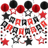 Birthday Decorations, Happy Birthday Banner With Honeycomb Balls, Star Hanging Swirl Streamers, Circle Dots Garland, Happy Birthday Party Decorations For Women Men Boys Girls (Red & Black)