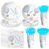 Hot Air Balloon 1St Birthday Party Supplies Boy, Mr Onederful Birthday Decorations, Plate, Napkin, Cup, Cutlery, Blue Hot Air Balloon First Birthday Party Decorations For 24 Guests