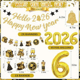 Pre-Strung Hello 2026 Happy New Year Banner with Gold Balloons Party Decor