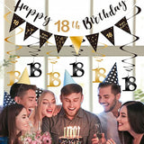 18th birthday kit with black-gold banner, bunting, swirls, and triangle flags