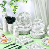 400 Pcs Sage Green Disposable Tableware Set Greenery Floral Paper Plates Napkins Sage Serve Scalloped Plates Paper Napkins Cups Plastic Spoons Forks Knives For Wedding Tea Party Baby Shower