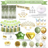 222 Pcs Sage Green Happy Birthday Decorations, Birthday Decorations For Women Or Girl Kit- Disposable Dinnerware Set With 25 Guest, Balloons, Sash, Tiara, Banner, Paper Pom Poms