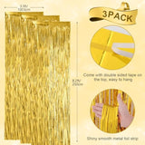 3-Pack Gold Foil Fringe Backdrop Curtains 3.3x8.2 ft for Party Decorations