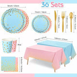 256 Pcs Pink And Blue Gender Reveal Party Supplies Disposable Paper Plate Napkin Cup Gold Dot Plastic Tablecloth Fork Knives Spoon Serve 36 Guest For Easter Baby Shower Birthday Decoration