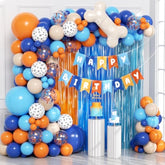 129Pcs Blue And Orange Balloon Arch Kit, Orange And Blue Balloons With Fringe Curtain Happy Birthday Banner Confetti Paw Print Balloons For Theme Baby Shower Birthday Party Decorations