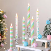 6 Pcs Candy Theme Flameless Taper Candles 10.6 Inch Colorful Candy Strip And Polka Dots Candles Battery Operated Led Christmas Candlesticks For Xmas Centerpiece Holiday Party Home Decor