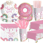 Donut Two Sweet Birthday Decorations Tableware Girl - Pink Donut 2Nd Birthday Party Supplies, Paper Plate, Cup, Napkin, Tablecloth, Disposable Cutlery | Serves 24
