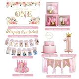 Girl's 1st Birthday Decor Set β Pink Gold Balloons, Banner, Backdrop, Crown & More