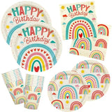 Retro Rainbow Themed Happy Birthday Party Supplies Set - Vibrant Disposable Paper Plates, Cups And Napkins - Fun & Colorful Design For Boys/Girls - For 16 Guests
