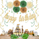 17pcs Sage Green Gold Birthday Set - Banner, Pom Poms, Swirls & Garland Decor