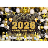 2026 New Year Black Gold Backdrop 7x5 ft for Party and Photo Booth Decor