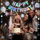 23 Pcs Iridescent Birthday Party Decorations, Disco Holographic Party Decorations Include Happy Birthday Banner Hanging Honeycomb Ball Paper Fan Snowflake Garlands Star Decoration