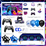 Video Game Birthday Decorations - Game Birthday Party Decorations Includes Backdrop, Foil Balloons, Tablecloth, Cake Toppers, Balloon Arch Kit For Boy Game Birthday Party
