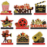 9 Pcs Movie Night Party Decorations Movie Theme Wooden Table Centerpieces Theater Now Showing Table Sign Cinema Popcorn Star Tabletop Decor For Home Film Birthday Party Supplies