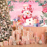 Pink Snowman Christmas Banner - Large Fabric Merry Christmas Banner Photo Props For Xmas Winter Holiday Party Supplies