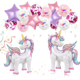 16Pcs Unicorn Balloons Kit – 2 3D Foil Unicorns, 4 Stars & 10 Latex Balloons