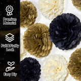 15 Pcs Black Gold Cream Tissue Paper Pom Poms Black and Gold Party Decorations Hanging Paper Flowers Decor for Prom 2026 Graduation Birthday Wedding New Year Home Wall Ceiling Decor