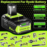 8.0Ah 18V Battery For Ryobi: Replacement Compatible With Ryobi 18V Battery One+ Lithium-Ion P108 P102 P103 P105 P107 P189 Cordless Power Tools, 2 Pack