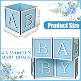 4 Set Baby Shower Centerpieces For Tables - 6 Inch Wooden Boxes With Baby Letters Rustic Cube Planter Wood Blocks For Boy Girl Gender Reveal Party Favor (Blue)