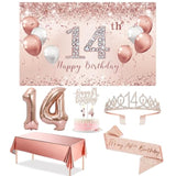14Th Birthday Decorations Party Set For Girls, Rose Gold 14 Birthday Banner And Tablecloth, 14 & Fabulous Sash And Tiara, 1Pc Happy 14Th Birthday Cake Topper, Pink Gold 14 Number Balloons