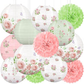 13Pcs Spring Wildflower Bridal Shower Party Decorations Rose Paper Lanterns Pom Poms Valentines Day Garden Home Indoor Outdoor Decor