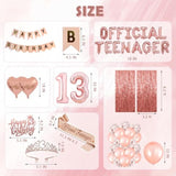 13Th Birthday Decorations For Girls, Official Teenager Party Supplies Rose Gold Foil Balloons, Tiara Tassel Curtains Sash Balloons Numbers Banner Cake Topper For 13 Birthday Girl Decorations