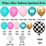 Alice Wonderland Balloon Garland Arch Kit, 144Pcs Lake Blue Hot Pink Balloons With Chessboard Foil Balloons For Spring Tea Party Supplies Onederland First Birthday Baby Shower Decorations