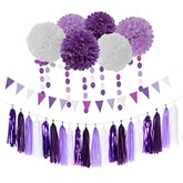 Purple White Lavender Party-Decorations Streamers - 28Pcs Tissue Pom Poms,Women Girl Birthday Supplies Tassel Garland Banner,Baby Bridal Shower Wedding Engagement Bachelorette Graduation Decor