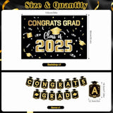 Graduation Decorations Class Of 2025 - Black And Gold Graduation Party Decorations With Congrats Grad Banner, Grad Backdrop, Porch Banner, Balloons, Centerpieces, Hanging Swirl For Grad Party