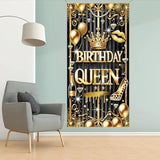 Black Gold Birthday Queen Door Cover Banner 71 X 35 Inch Happy Birthday Backdrop Photography Background Decoration For Women Girls Birthday Party Home Outdoor Decor