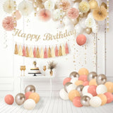 Boho Birthday Decorations, Happy Birthday Banner, Tassel Garland, Peach Paper Lanterns, Tissue Pom Poms Fan, With Beige Dusty Pink Balloon Garland For Women Grils Boho Birthday Decor Party Supplies