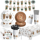 Coffee Party Decorations, Latte Fun Coffee Birthday Party Supplies, Paper Plates And Napkins Table Decorations, Cups, Tablecloth, Frappe Birthday Banner, Disposable Cutlery, Serves 24