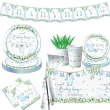 142pcs Greenery Blue Baby Shower Tableware Set β Plates, Cups, Napkins & More