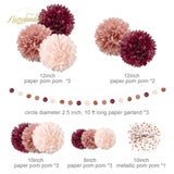 Bachelorette Party Decorations - 15Pcs Burgundy Rose Gold Tissue Pom Poms Circle Dots Polka Dot Kit For Valentines, Engagement, Wedding, Bridal Shower, Burgundy Birthday Decorations
