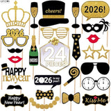 24 Pcs 2026 New Year Photo Booth Props with Glitter for Party Decorations