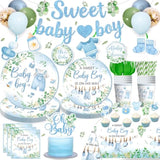 201Pcs Baby Shower Decorations Boy Tableware Set, 25 Serves Disposable Plates And Napkins Set, With 2Pcs Tablecloth, Cake Topper, Banner, Balloons For Baby Boy Shower Decorations
