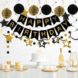 Birthday Decorations, Happy Birthday Banner With Honeycomb Balls, Star Hanging Swirl Streamers, Circle Dot Garland, Happy Birthday Party Decorations For Women Men Boys Girls (Black & Gold)