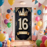 Happy 16St Birthday, Boys And Girls. Golden Black Crown Flag Background Decoration, Poster Background Photo, Booth Prop Decoration, Used For Birthday Parties, Wedding Anniversaries