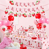 Berry First Birthday Tableware,Strawberry 1St Birthday Party Decorations For Girls,Strawberry Sweet One Themed Plates And Napkins Disposable Tablecloth,Cups,Balloon,Forks,Cupcake Topper,Serve 24