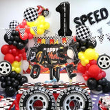 7-pc race car 1st birthday set with 40" black racetrack number 1 foil balloon