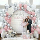 144PCS Pink Winter Balloon Arch Garland Kit with White Silver Snowflake Star Balloons for Winter Wonderland Girl Baby Shower, Baby Its Cold Outside Party, Christmas Decorations