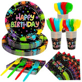 168 Pcs Serves 24 Guests Happy Birthday Party Plates And Napkins Glow Neon Birthday Tableware Set - Cups, Knives, Forks, Spoons
